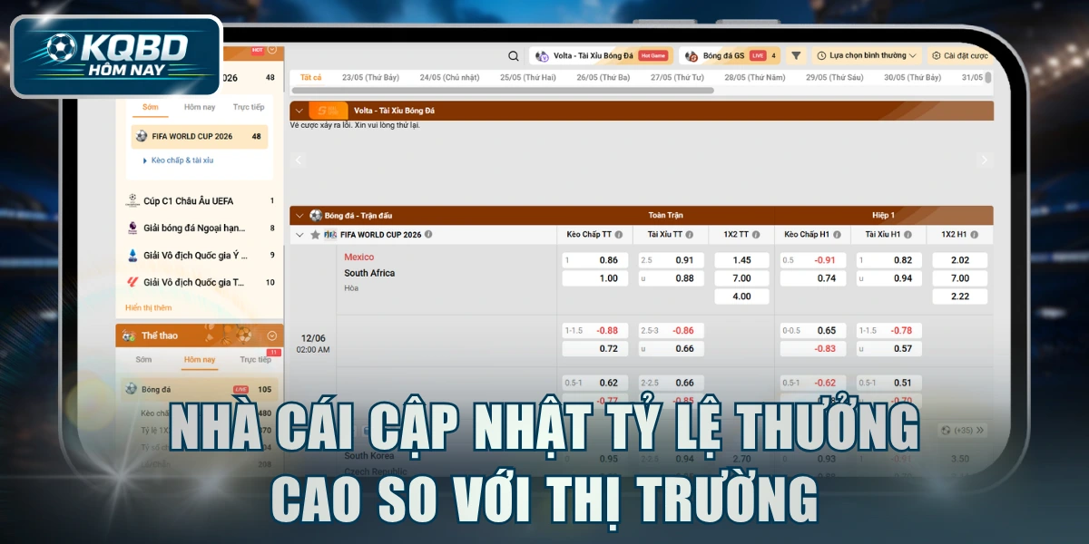 Nhà cái cập nhật tỷ lệ thưởng cao so với thị trường